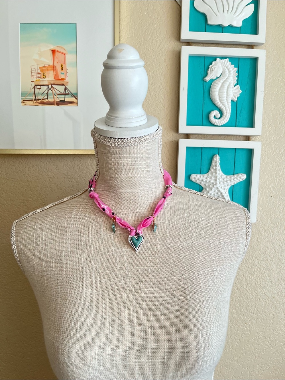 Pink Scarf Necklace with Turquoise Heart and Shell Charms - Picture 9 of 9